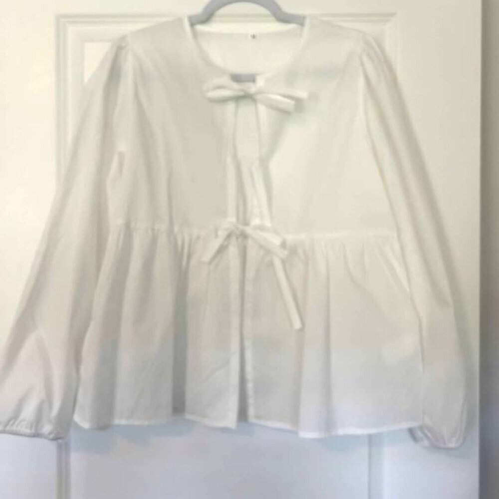 White Long Sleeve Crop Tie Top